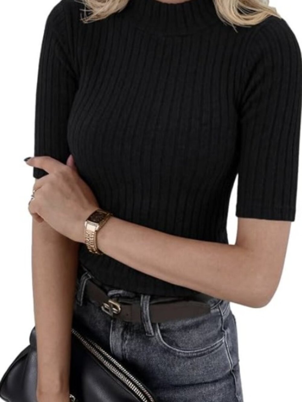 Women's Summer Mock Neck Top Slim Fit Short Sleeve Basic T Shirt - Large